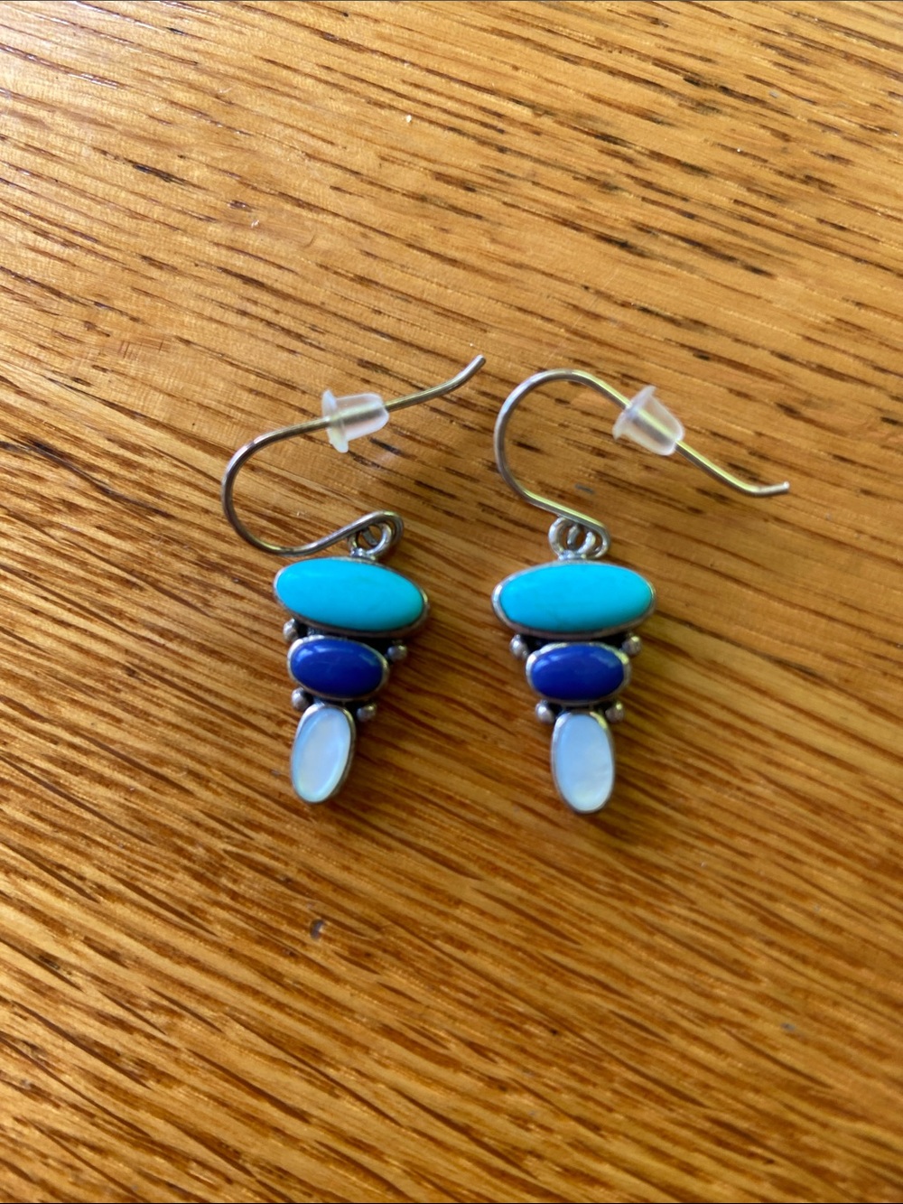 Sterling Silver Turquoise, Lapis, & Mother of Pearl Drop Earrings